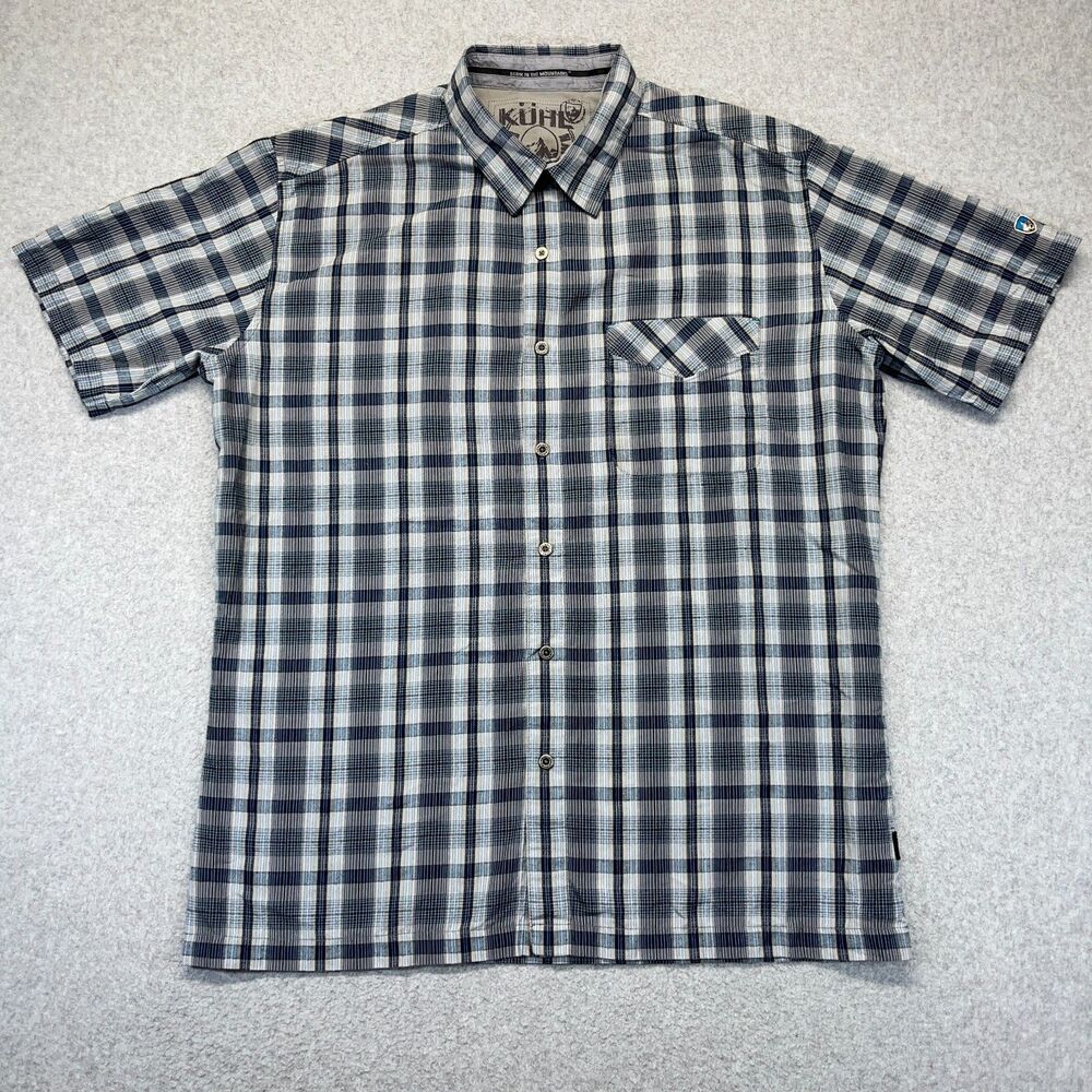 Kuhl Button-Up Shirt Men’s Large Blue Gray Plaid Short Sleeve Pocket